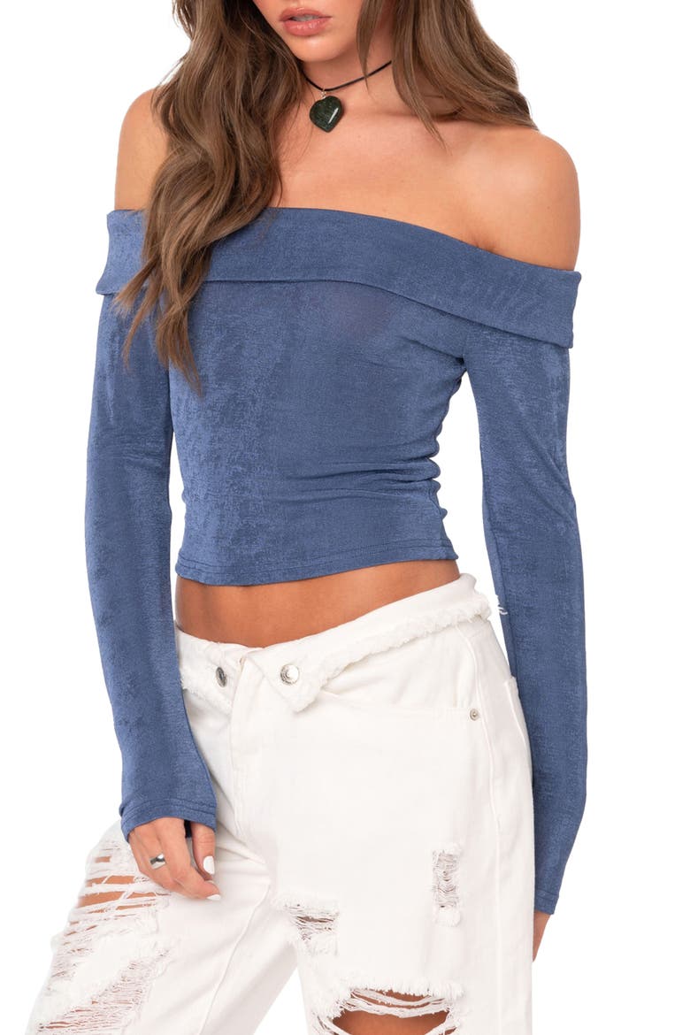 Athena Fold Over Off the Shoulder Long Sleeve Top, Alternate, color, BLUE
