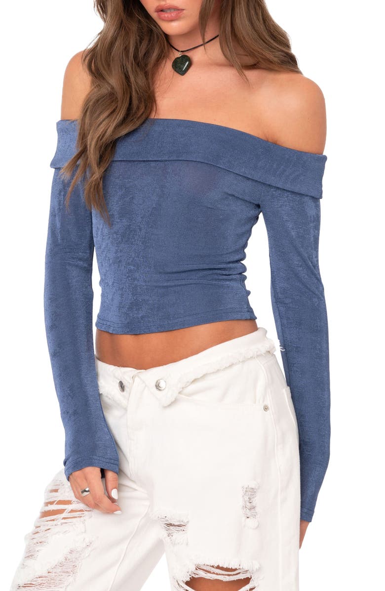EDIKTED Athena Fold Over Off the Shoulder Long Sleeve Top, Alternate, color, Blue