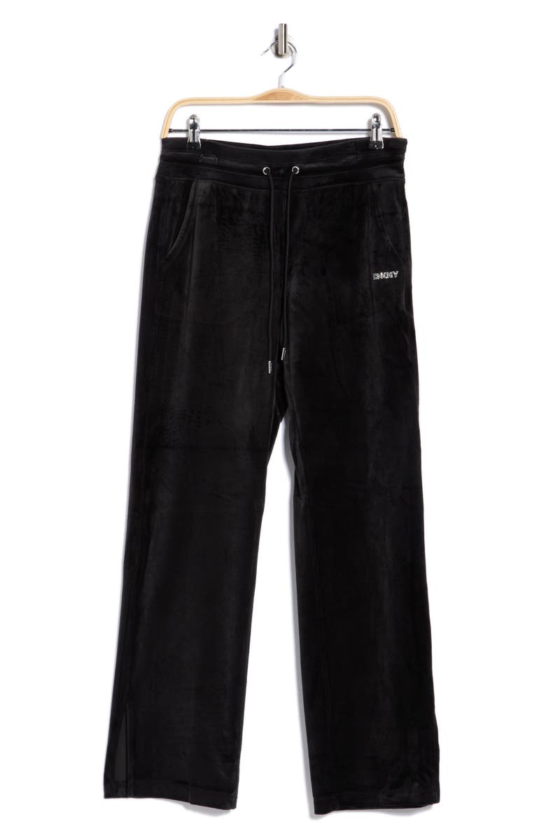 DKNY Rhinestone Logo High Waist Straight Leg Pants, Alternate, color, Black