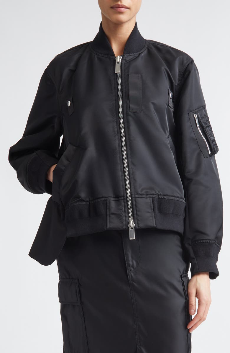 Sacai Mixed Media Nylon Twill & Wool Bomber Jacket, Main, color, Black