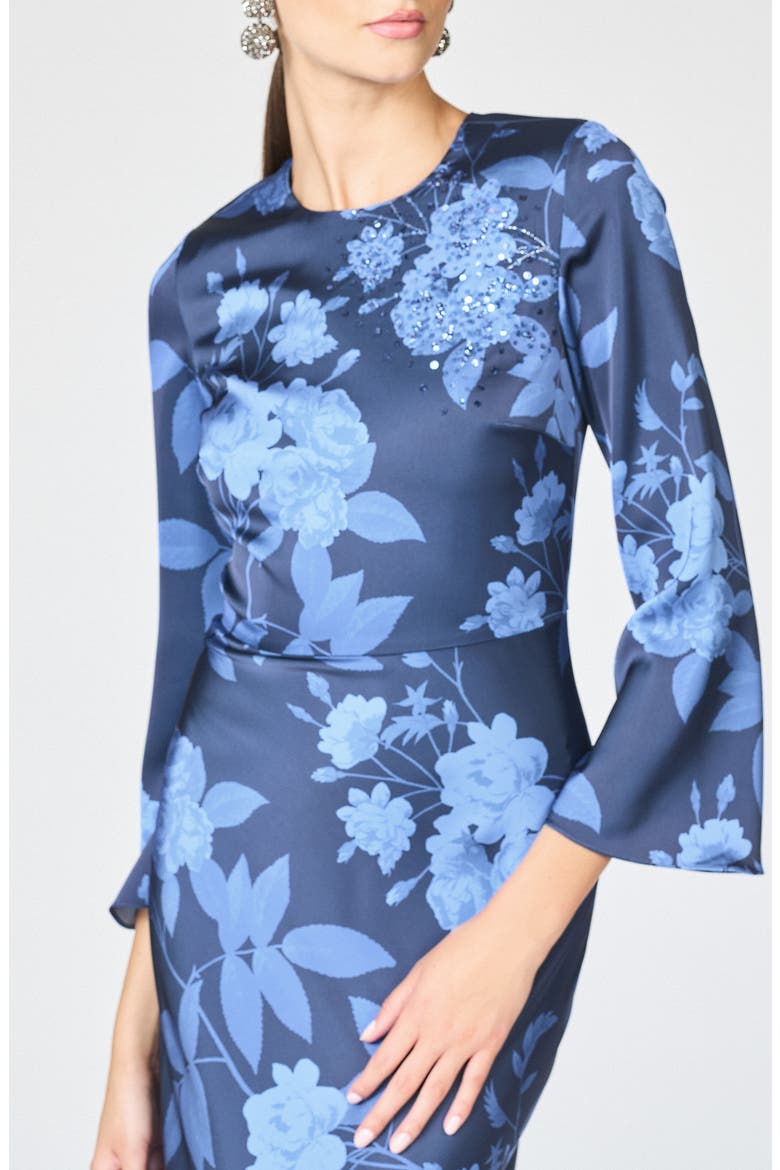 Alex Crystal Detail Floral Long Sleeve Satin Crepe Gown, Alternate, color, GALAXY ROSES
