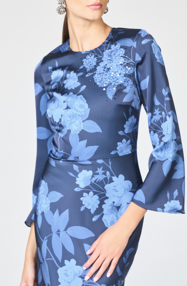 Sachin & Babi Alex Crystal Detail Floral Long Sleeve Satin Crepe Gown, Alternate, color, Galaxy Roses