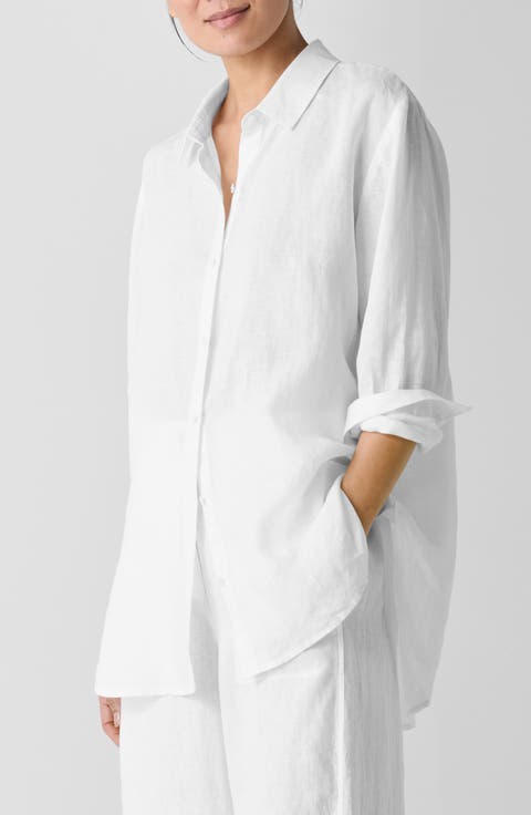 Classic Collar Organic Linen Long Button-Up Shirt (Regular & Petite)