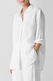Eileen Fisher Classic Collar Organic Linen Long Button-Up Shirt