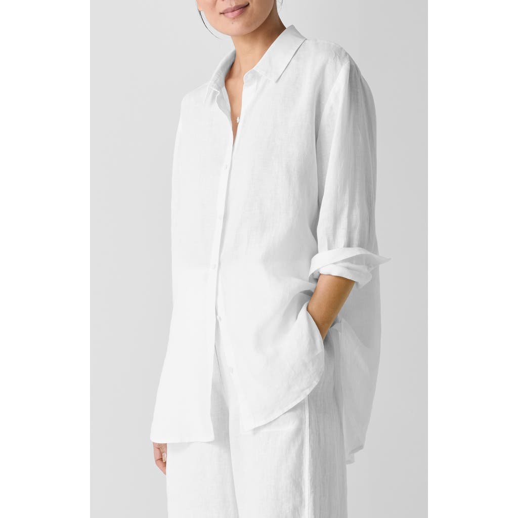 Eileen Fisher Classic Collar Organic Linen Long Button-up Shirt In White