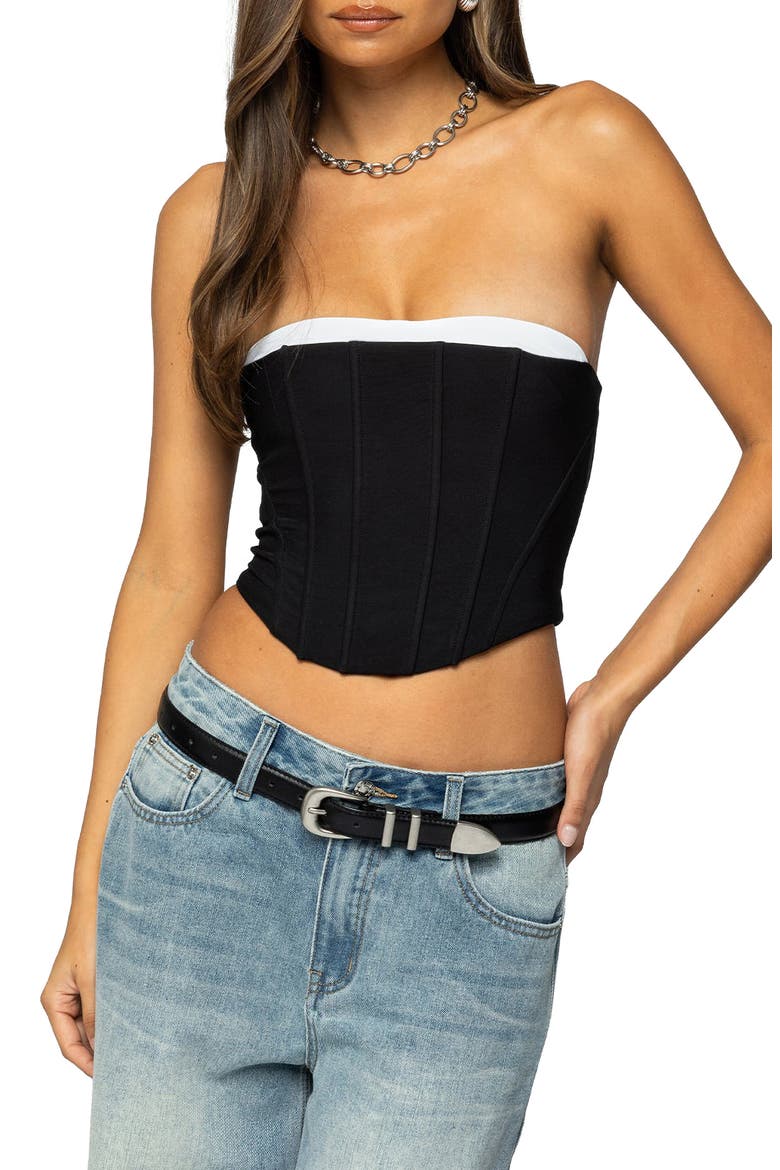 Ryla Contrast Detail Mesh Corset Top, Main, color, BLACK-AND-WHITE