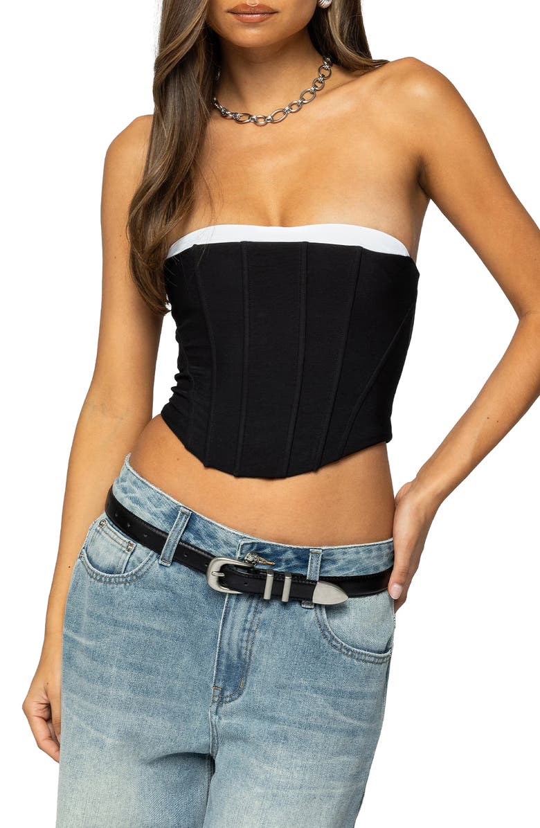 EDIKTED Ryla Contrast Detail Mesh Corset Top, Main, color, Black-And-White