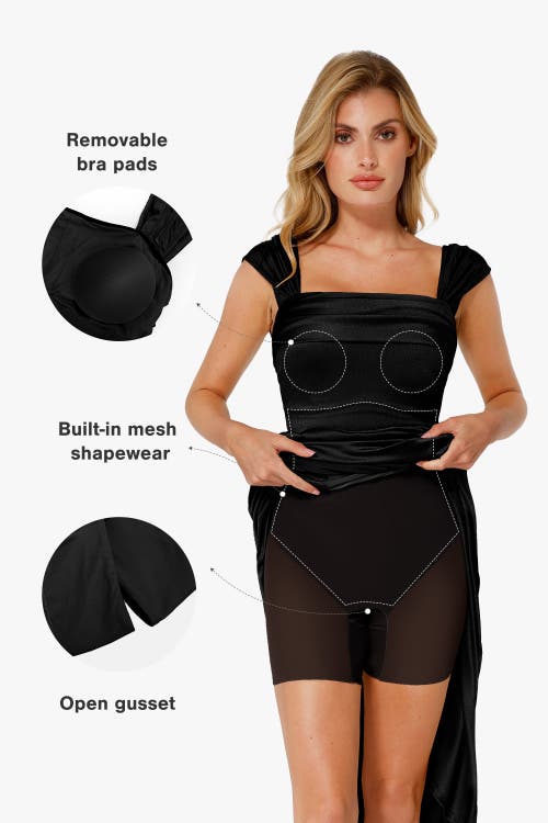Popilush Shapewear Off Shoulder Shine Ruched Sculpting Maxi Dress In Midnight Black