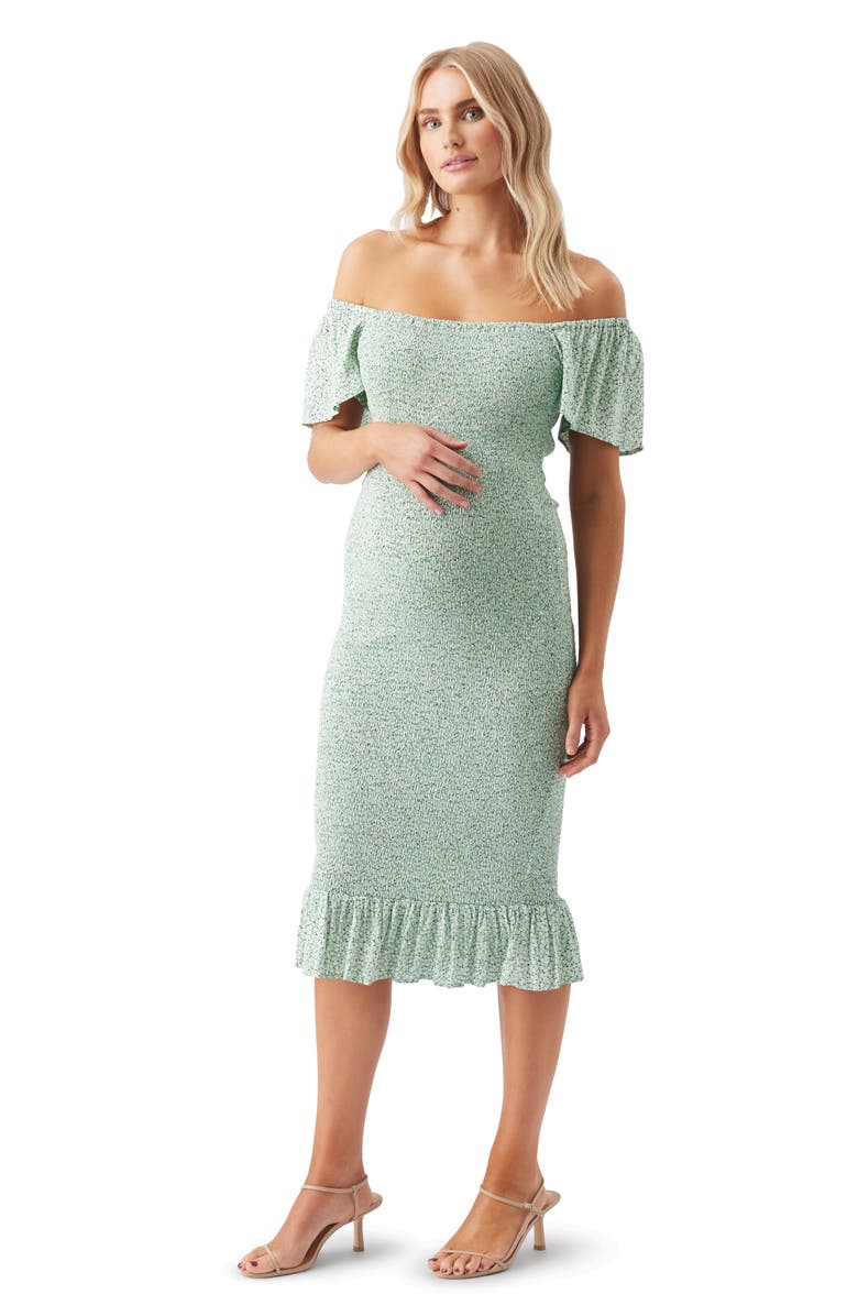 Ripe Maternity Selma Shirred Fitted Midi Dress, Alternate, color, Pistachio