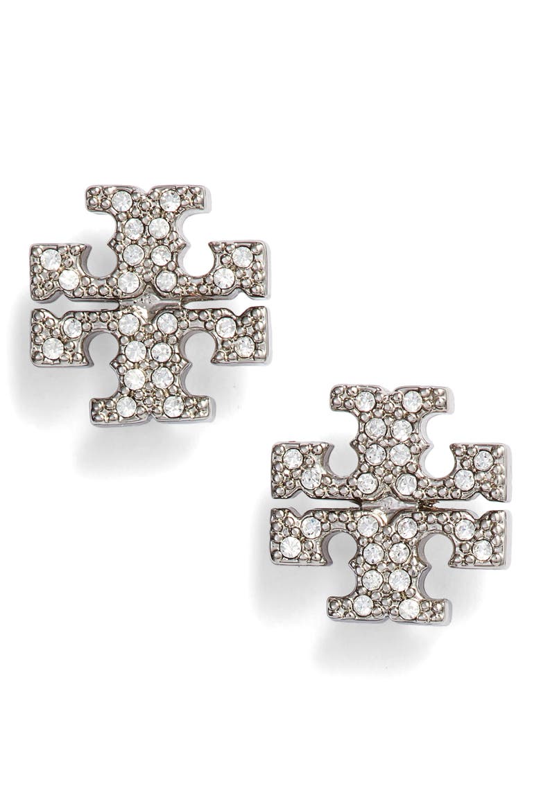Crystal Logo Stud Earrings, Main, color, TORY SILVER / CRYSTAL