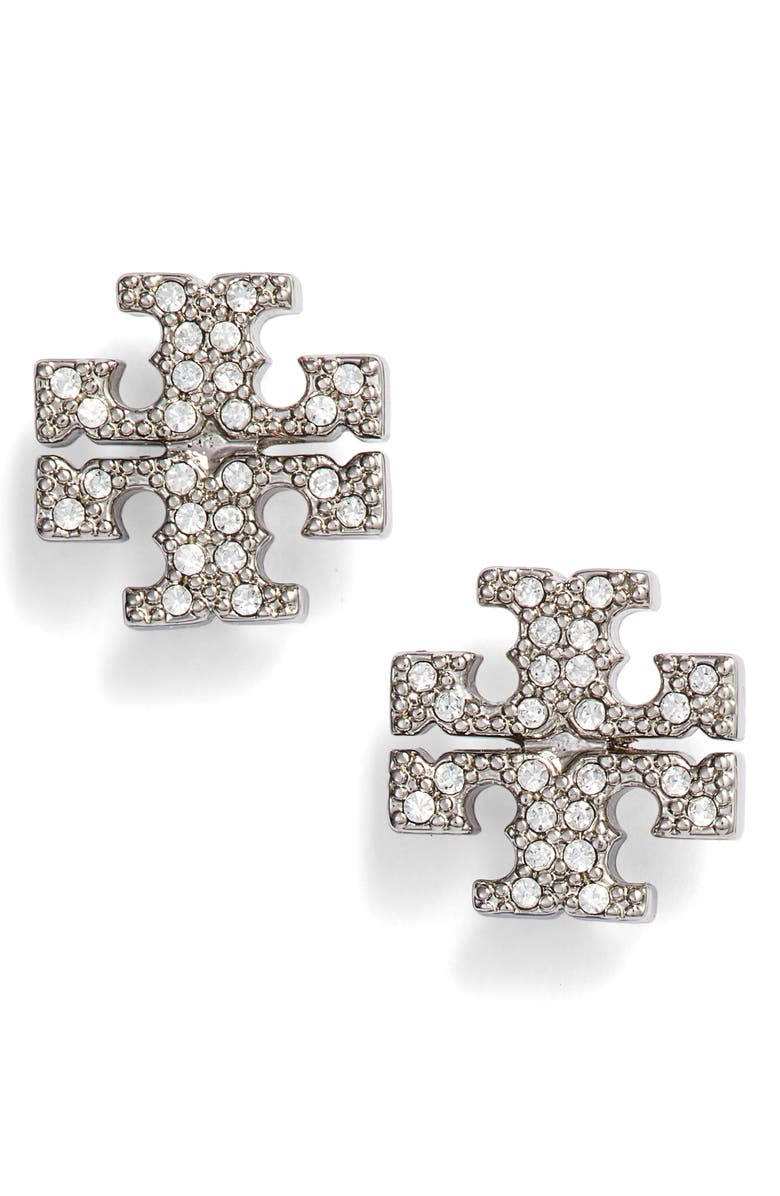 Tory Burch Crystal Logo Stud Earrings, Main, color, Tory Silver / Crystal