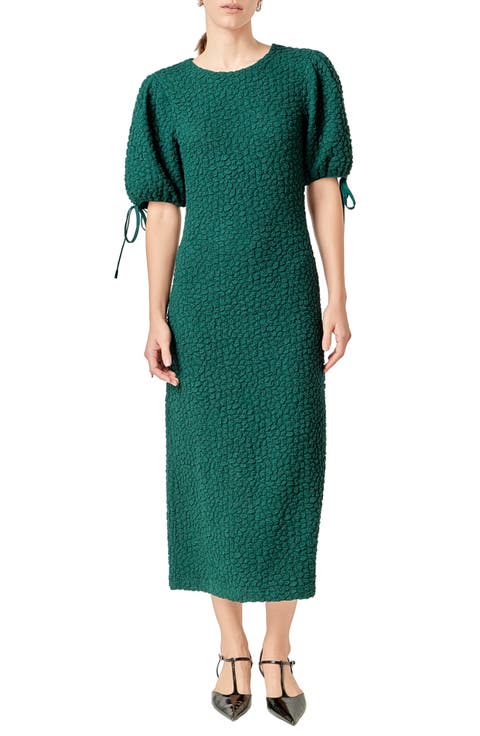 Textured Puff Sleeve Midi Dress