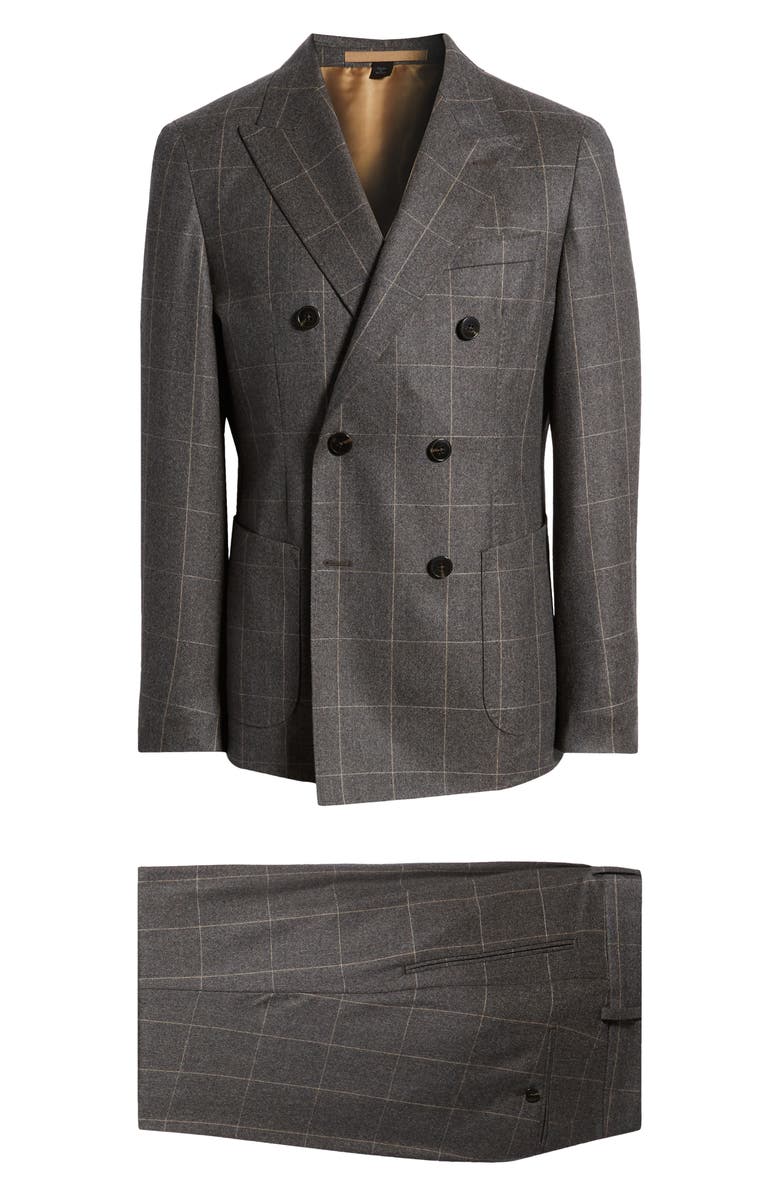 BOSS Camel Heston Windowpane Double Breasted Wool Suit, Main, color, 