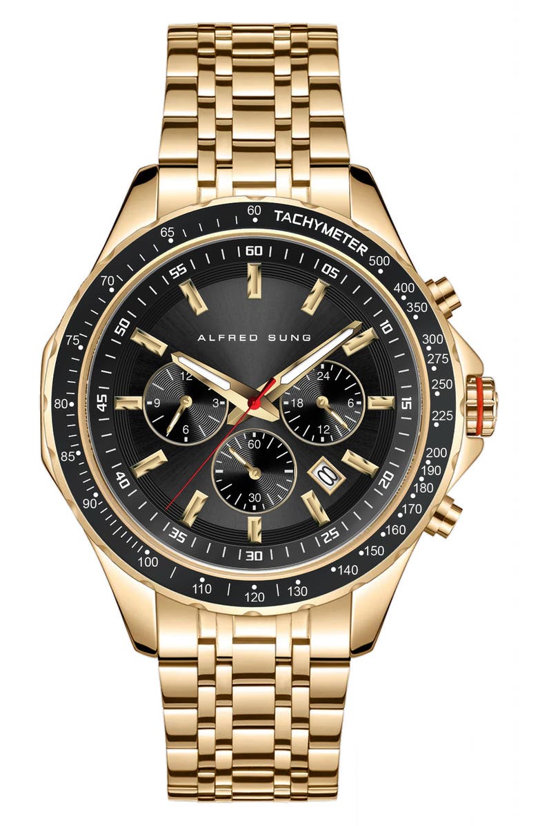 Alfred Sung Chronograph I Bracelet Strap Watch, 46mm, Main, color, Gold Bracelet/Black Dial