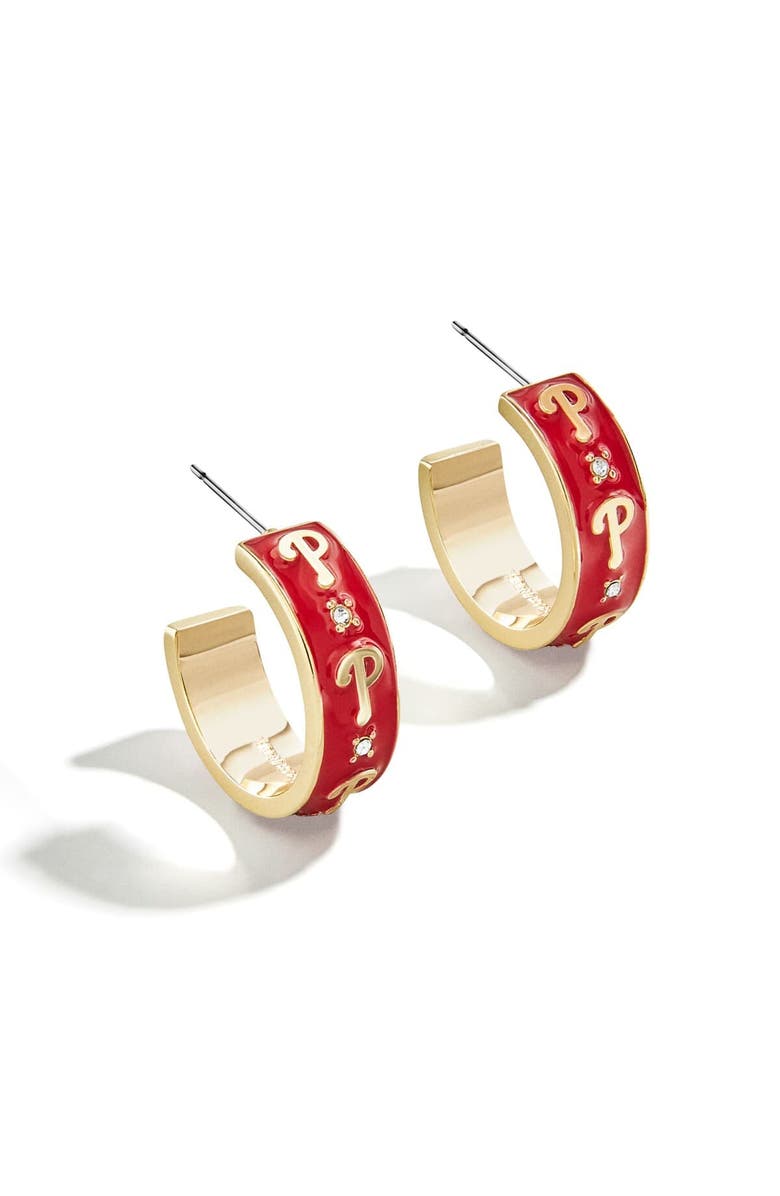 WEAR by Erin Andrews x BaubleBar Philadelphia Phillies Enamel Hoop Earrings, Main, color, Gold