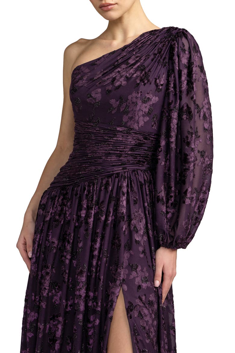 One Shoulder Burnout Velvet Gown, Alternate, color, Amethyst
