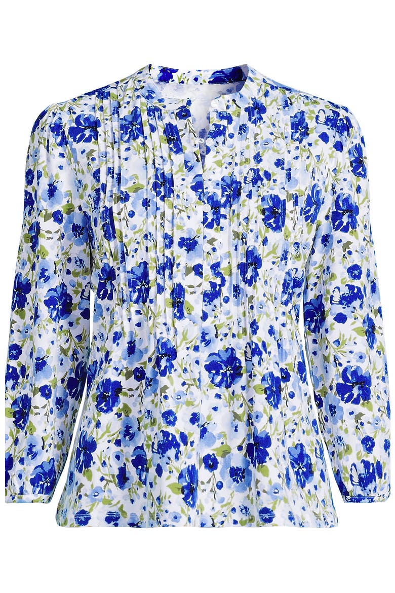 Lightweight Jersey Button Pintuck Top, Alternate, color, Clear Blue Painted Blooms