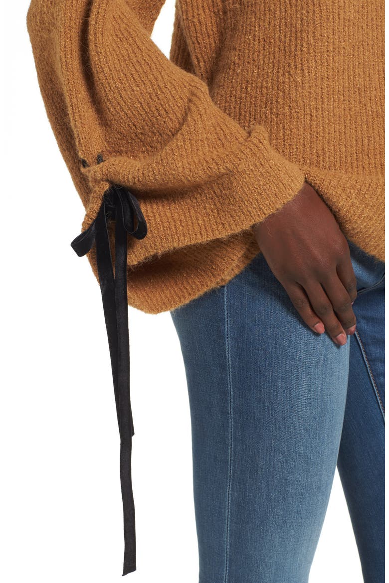 Lace-Up Sleeve Sweater, Alternate, color, BROWN CATTAIL