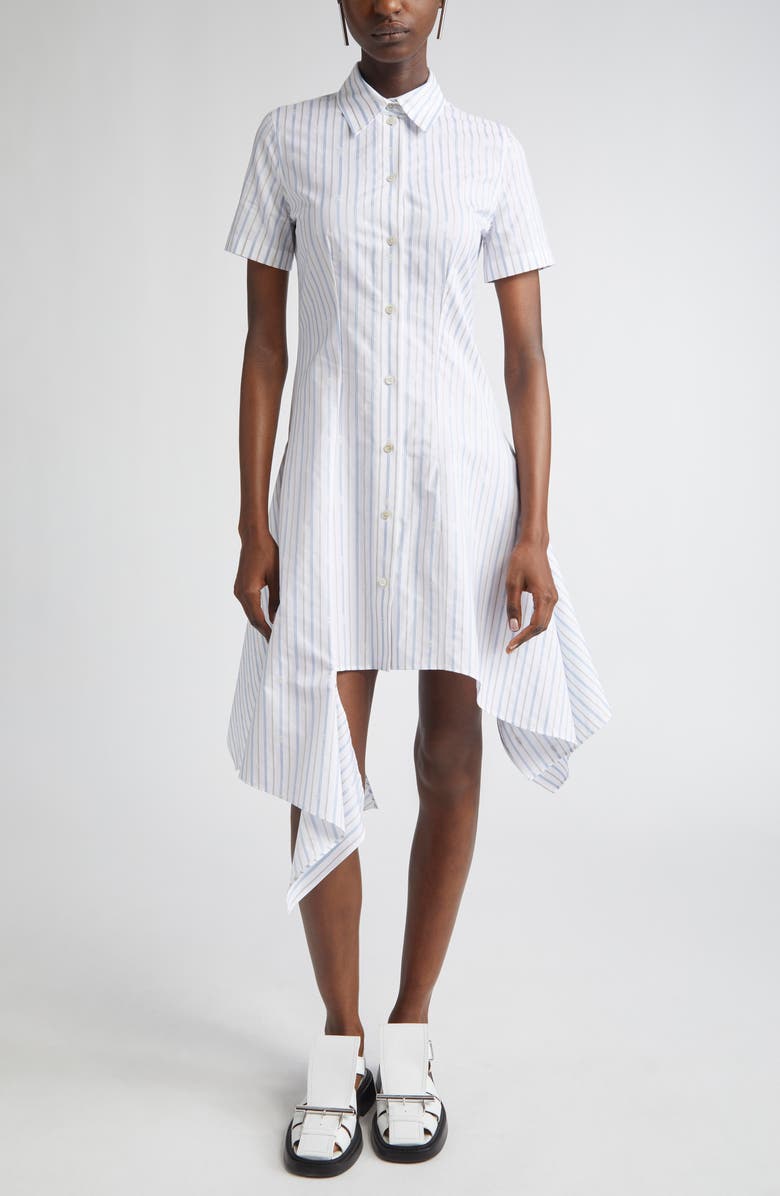McQueen Day Stripe Skull Asymmetric Handkerchief Hem Cotton Shirtdress, Main, color, White-Blue-Grey