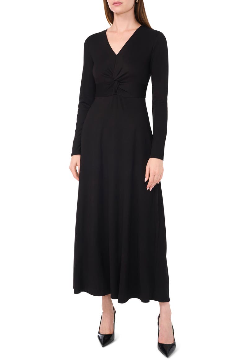 Twist Front Long Sleeve Midi Dress, Main, color, RICH BLACK