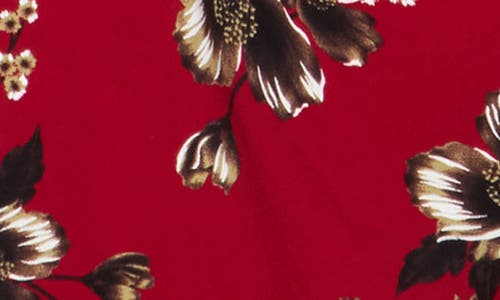 Connected Apparel Floral Shirred Waist Knit Dress In Red