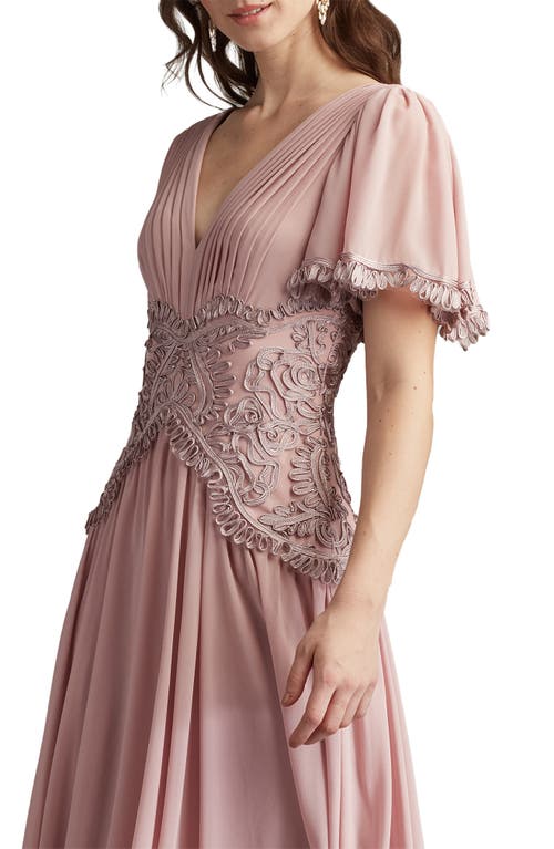 Tadashi Shoji Scroll Detail Flutter Sleeve Cocktail Midi Dress In Neutral