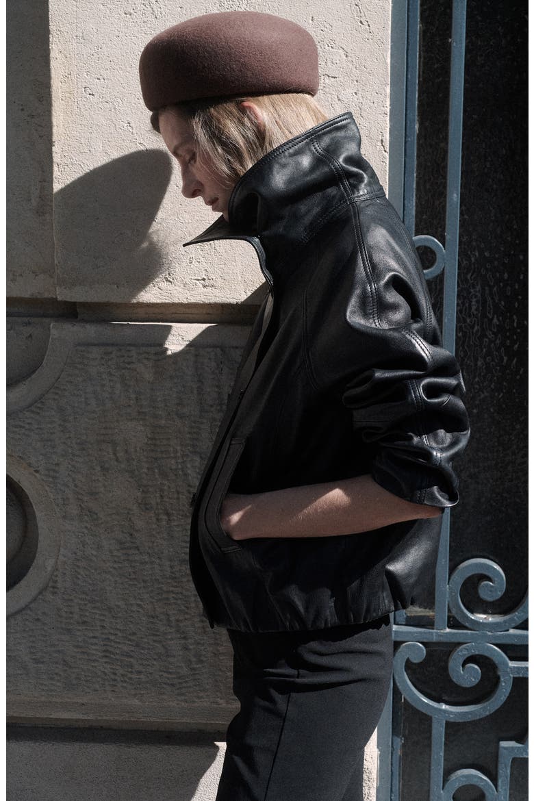 Funnel Neck Leather Jacket, Alternate, color, BLACK