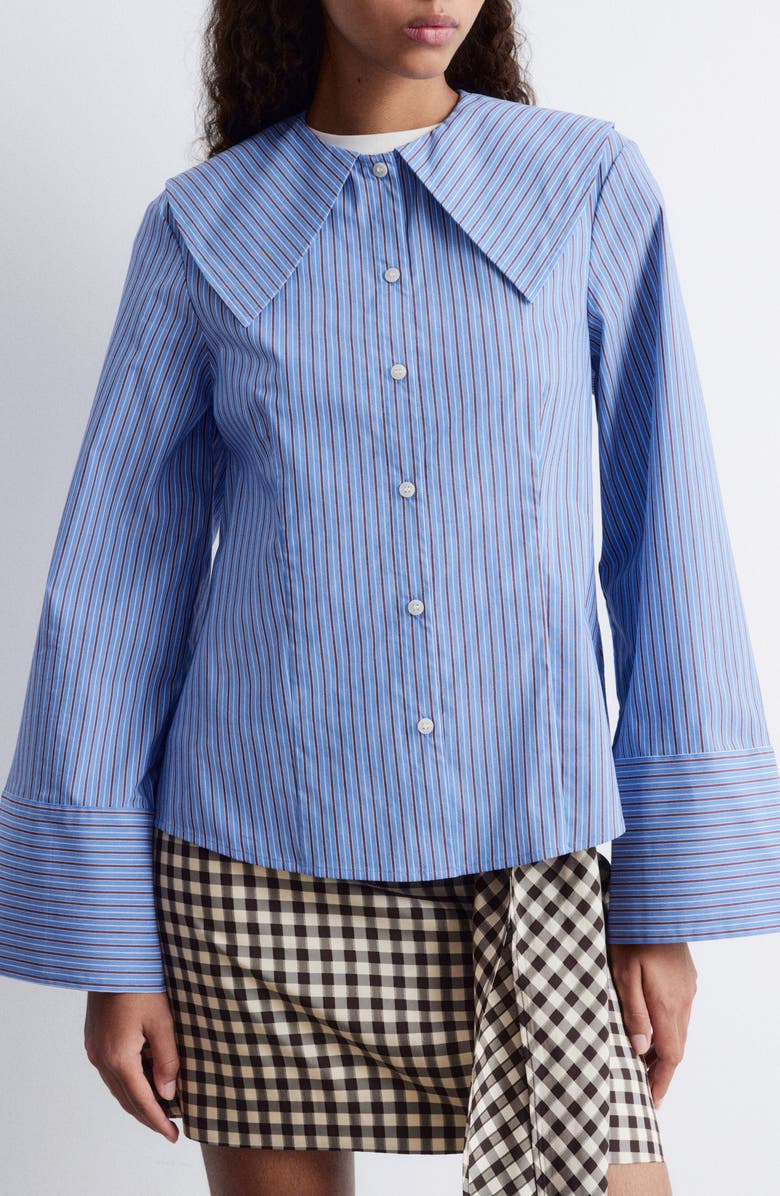 & Other Stories Stripe Oversize Collar Stretch Cotton Blend Button-Up Shirt, Main, color, Blue Medium