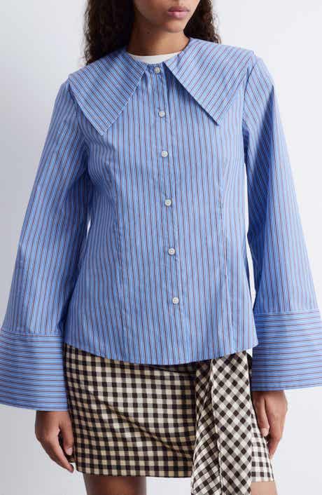 & Other Stories Stripe Oversize Collar Stretch Cotton Blend Button-Up Shirt