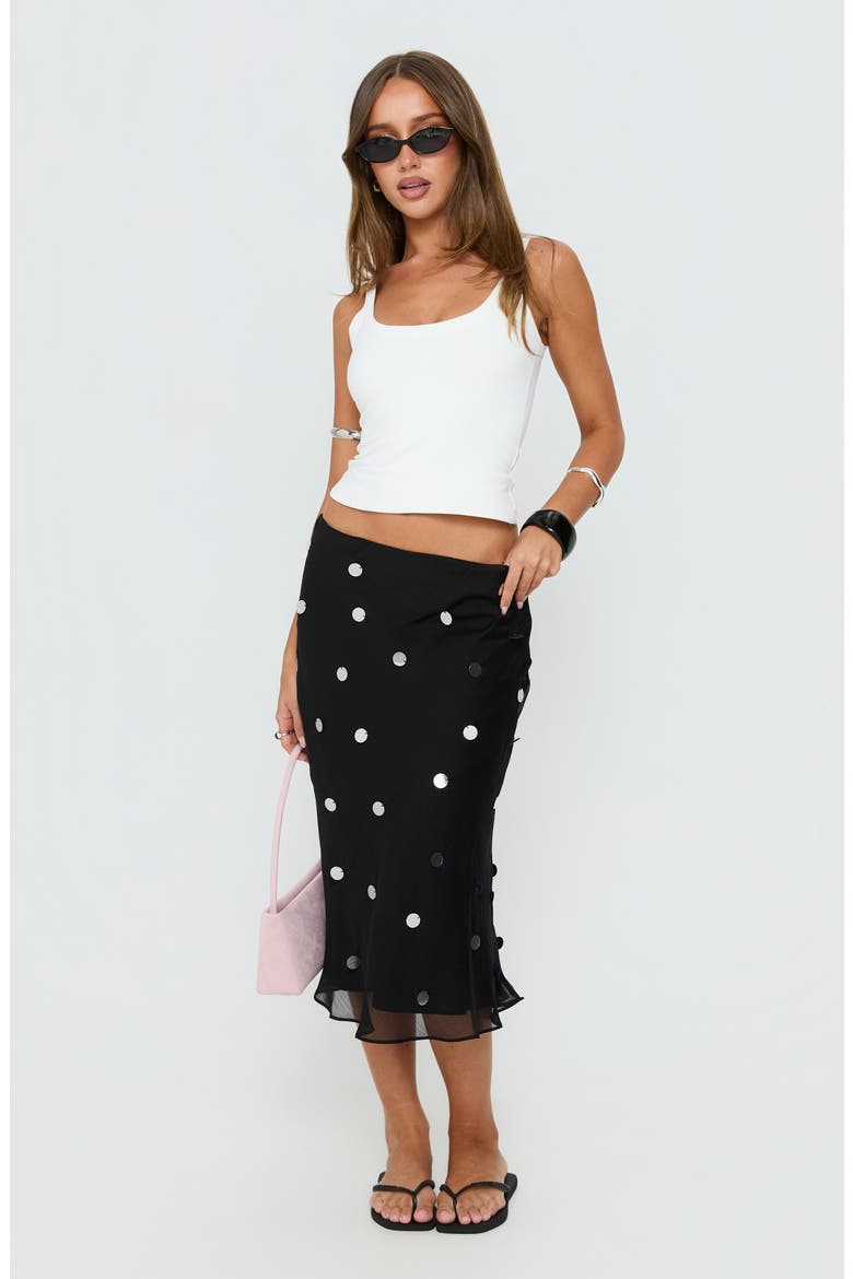 Kessiah Sequin Low Rise Midi Skirt, Alternate, color, BLACK