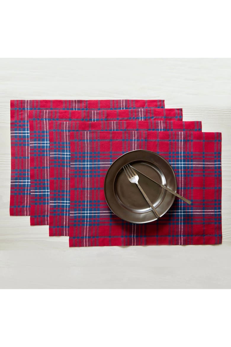 Linen Placemats Set of 4, 14 x 19" - Red Tartan Plaid, Main, color, Red and Navy