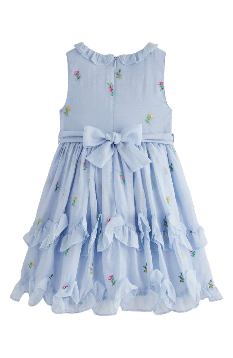 Mini Boden Kids' Embroidered Ruffle Tie Belt Party Dress, Alternate, color, Misty Blue