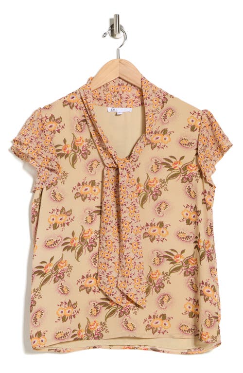 Dr2 By Daniel Rainn Floral Tie Neck Flutter Sleeve Top In Neutral
