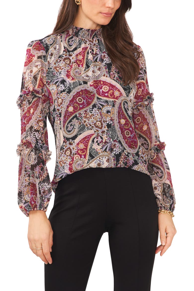 Paisley Ruffle Sleeve Mock Neck Blouse, Main, color, BLACK PLUM LAVENDAR