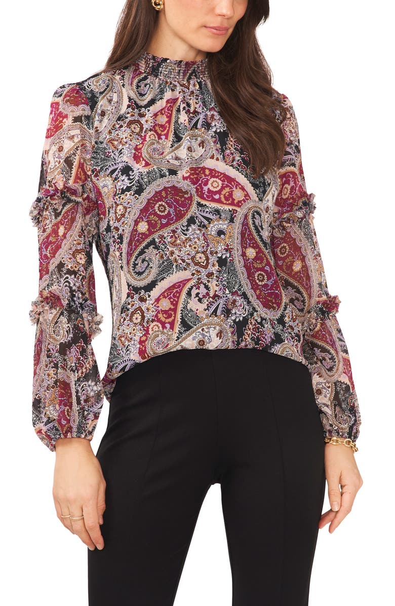 Chaus Paisley Ruffle Sleeve Mock Neck Blouse, Main, color, 