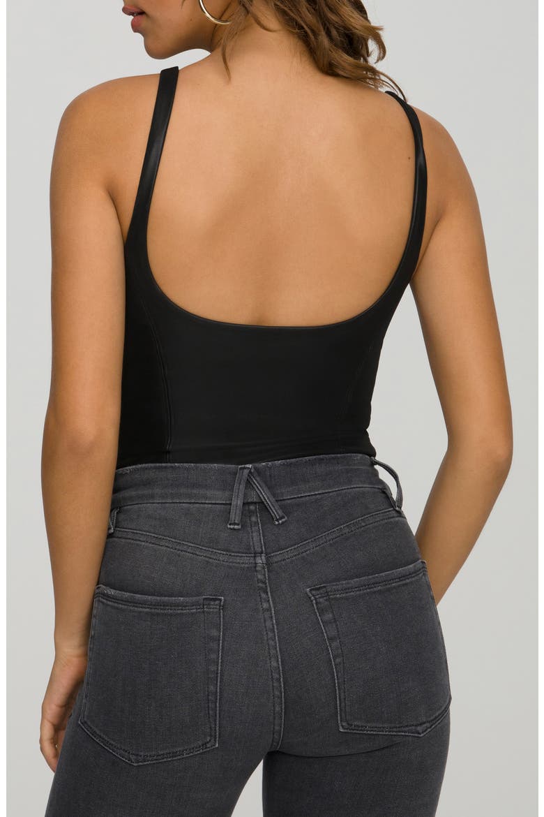 U-Neck Corset Faux Leather Bodysuit, Alternate, color, BLACK