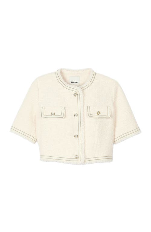 Sandro Short-sleeved Tweed Jacket In Ecru/pink