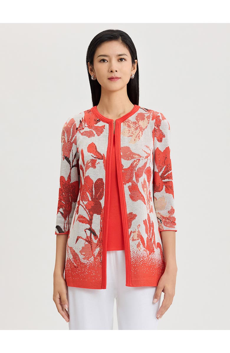 Misook Floral Jacquard Flat Knit Jacket, Main, color, Cherry/Peach/Ivory/Black