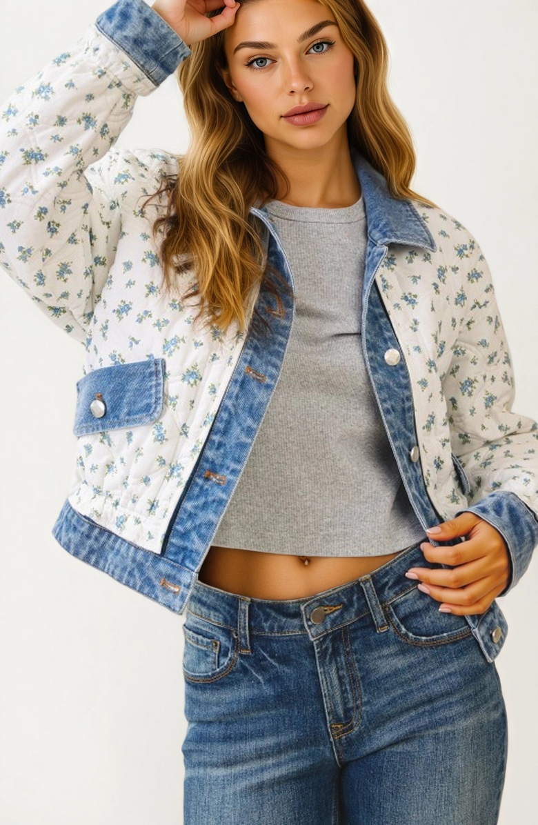 Knit and Lounge Quilted Floral Button-Front Denim-Trim Jacket, Alternate, color, 