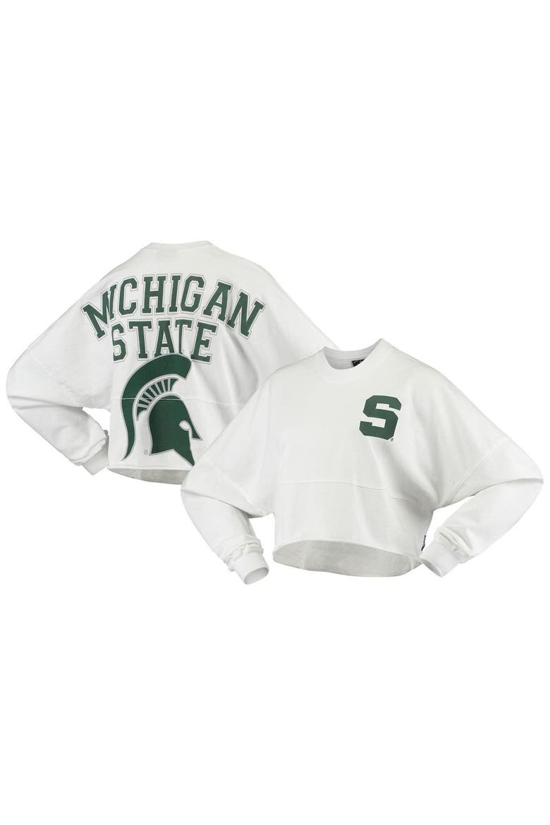 Women's White Michigan State Spartans Raw Hem Cropped Spirit Jersey Long Sleeve T-Shirt, Main, color, WHITE