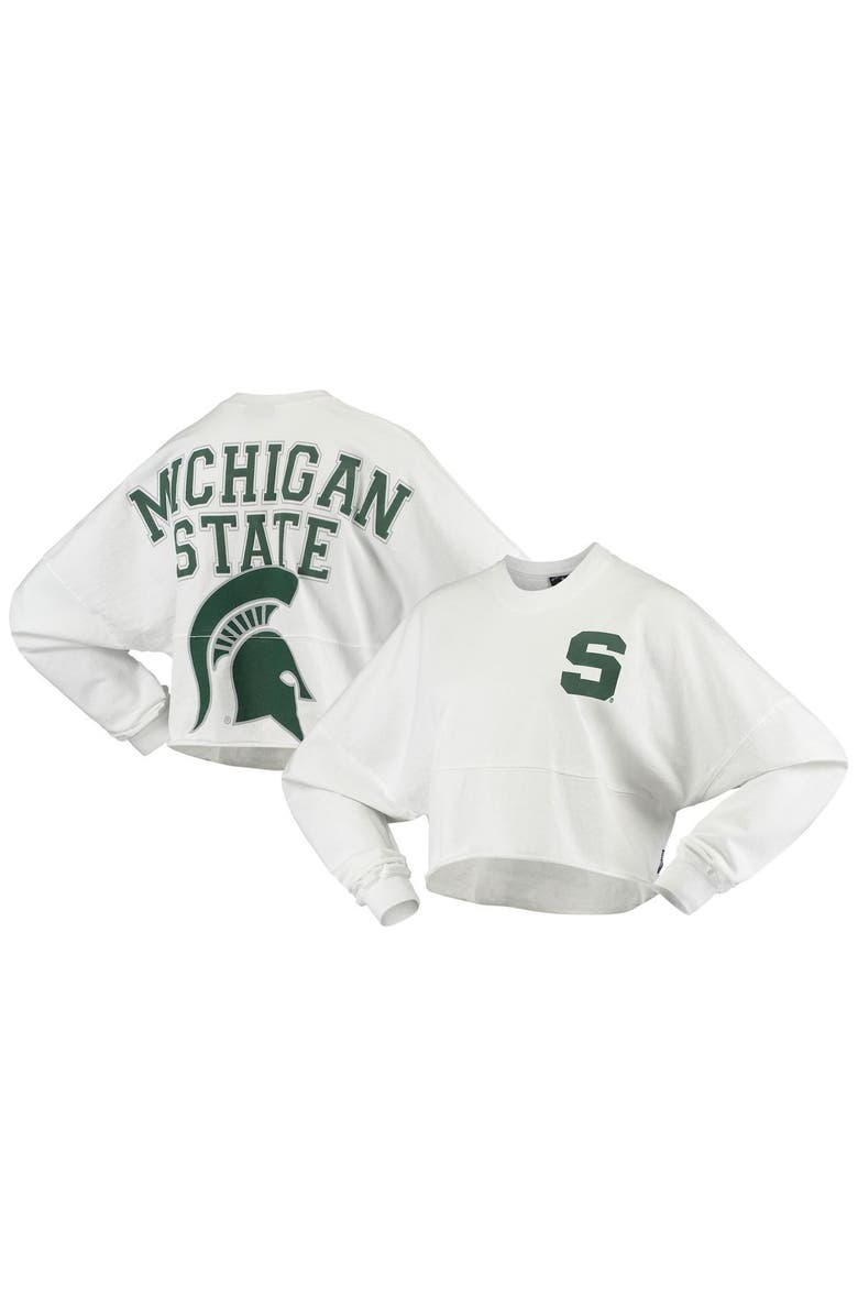 SPIRIT JERSEY Women's White Michigan State Spartans Raw Hem Cropped Spirit Jersey Long Sleeve T-Shirt, Main, color, White
