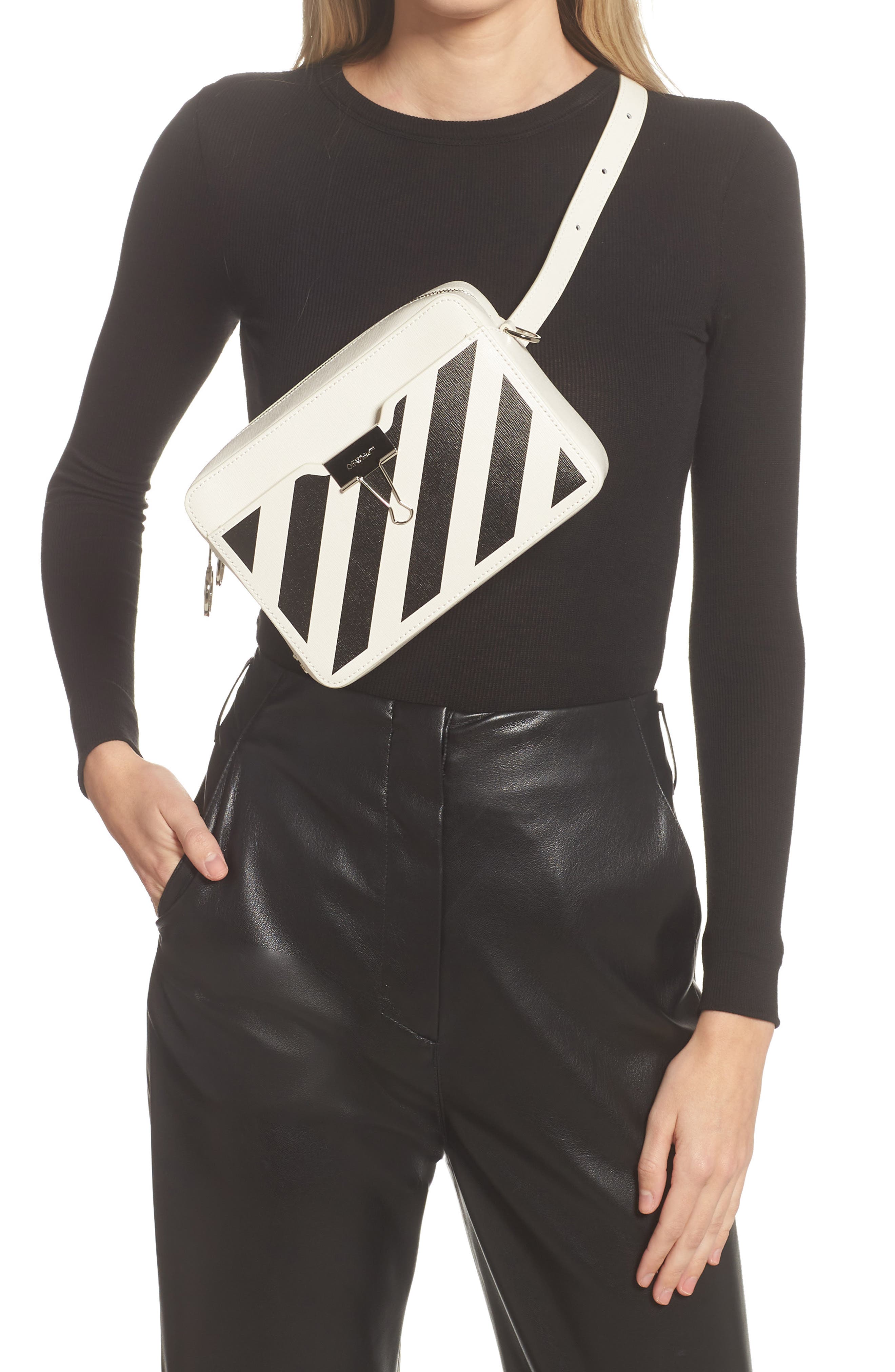 Off-White Diagonal Stripe Leather Convertible Camera Crossbody Bag, Alternate, color, 