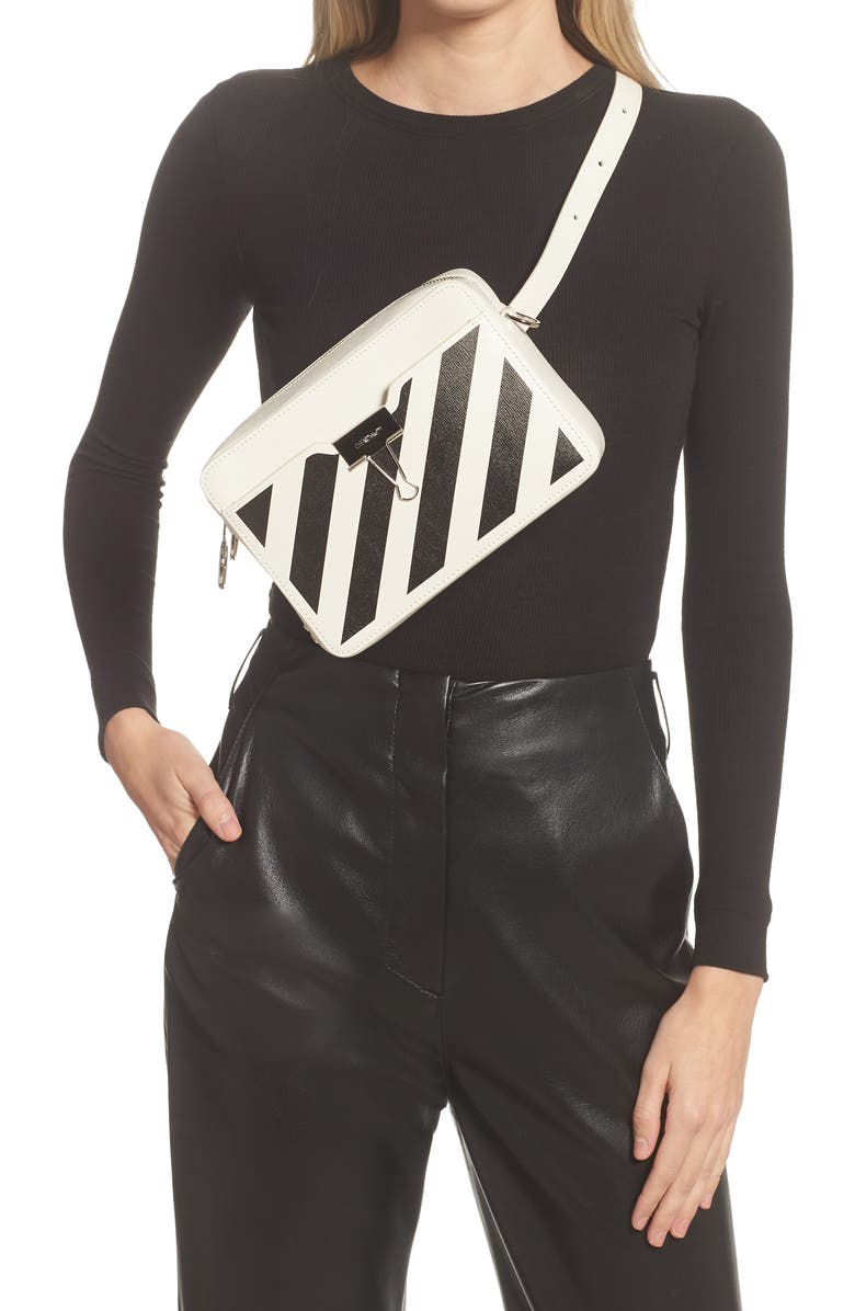 Off-White Diagonal Stripe Leather Convertible Camera Crossbody Bag, Alternate, color,