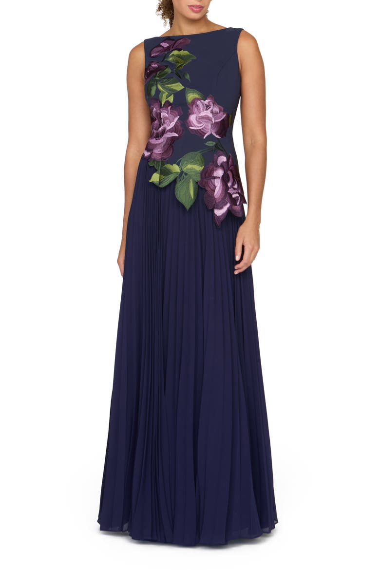 Jayla Appliqué Pleated Gown, Alternate, color, DARK TWILIGHT