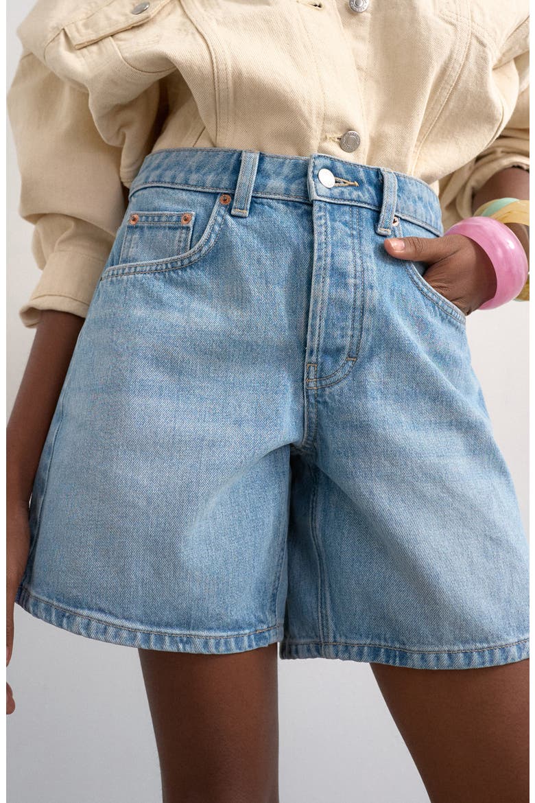 Editor Mid Rise Denim Shorts, Alternate, color, LBLUE