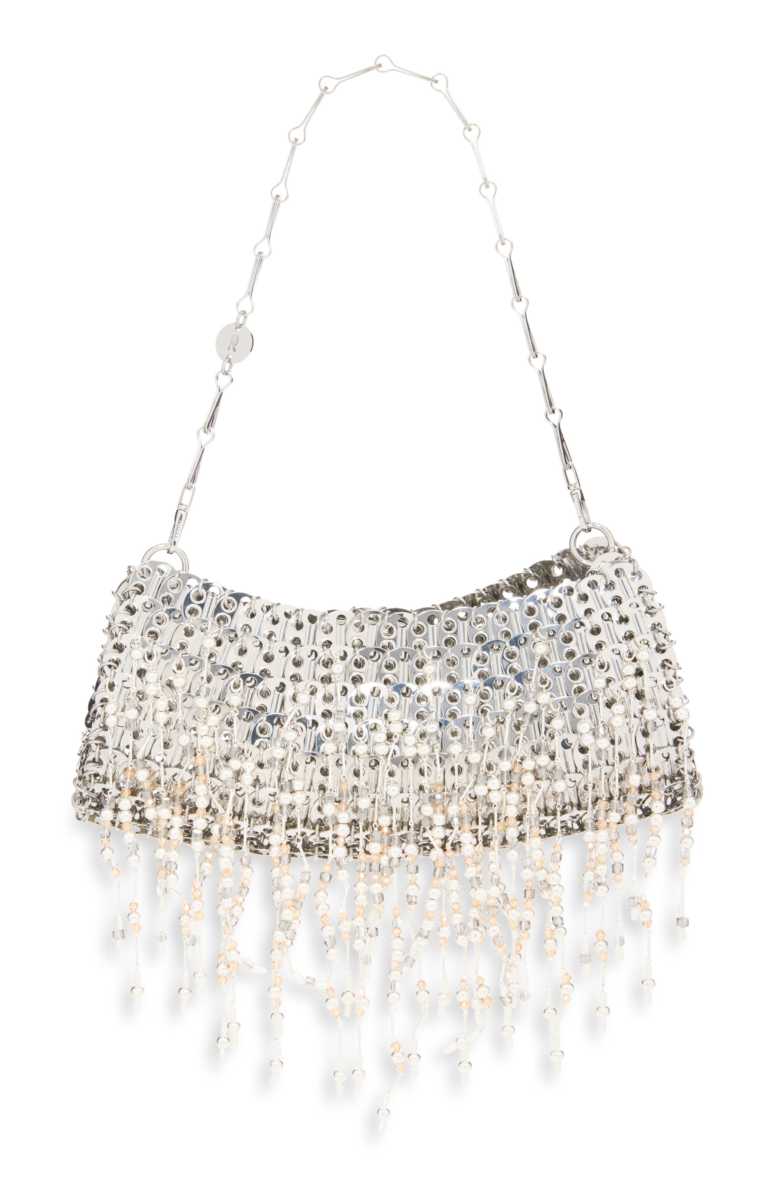 1969 Beaded & Faux Pearl Fringe Shoulder Bag, Main, color, NACRE / GRIS