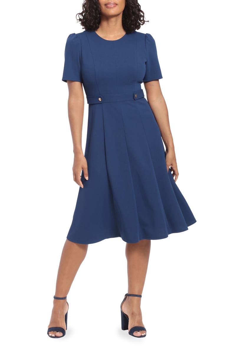 Short Puff Sleeve Fit & Flare Dress, Main, color, BLUE