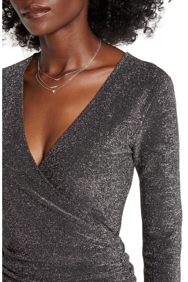 Metallic Long Sleeve Wrap Dress, Alternate, color, BLACK SILVER METALLIC