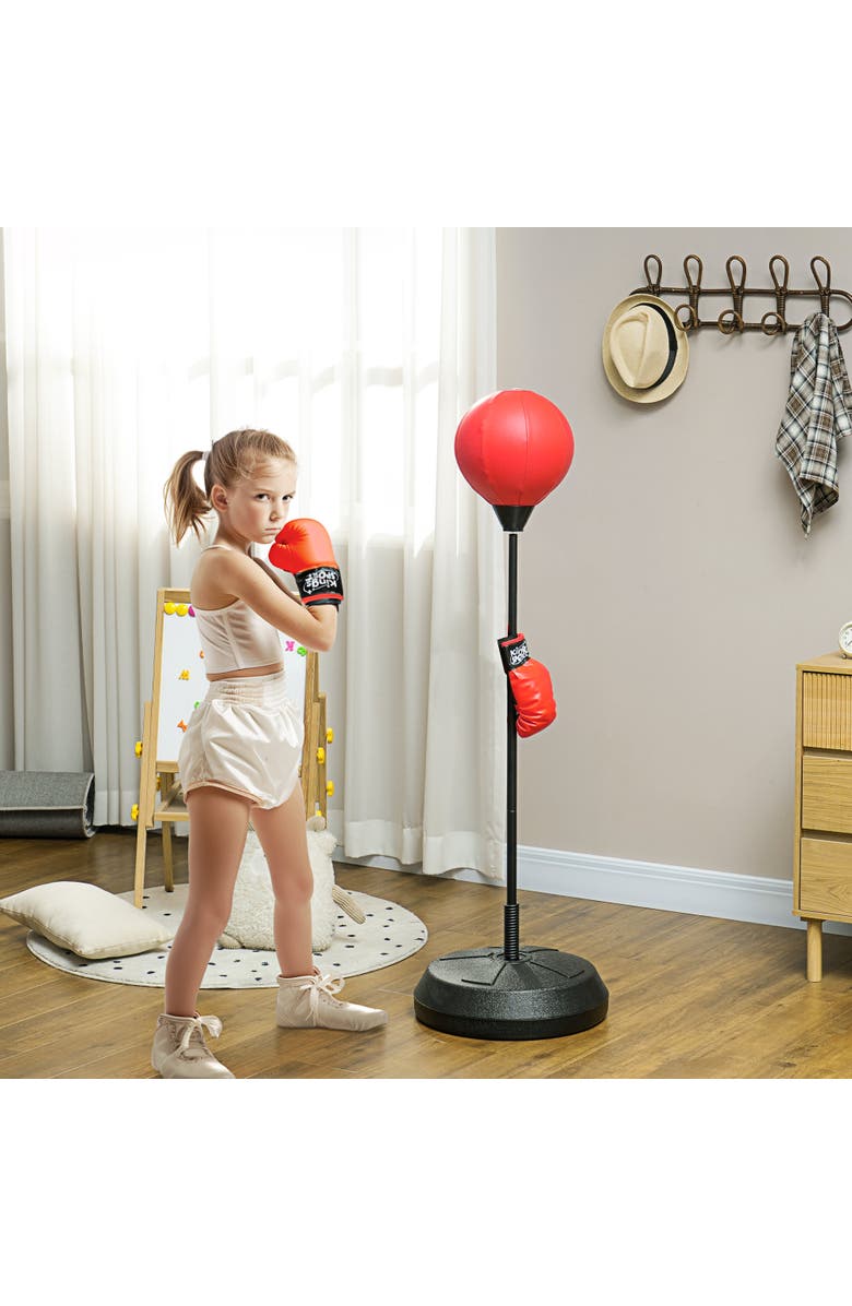 Qaba Punching Bag for Kids with Stand, Adjustable, Boxing Gloves, Dia 17.5" x 48.2"-57.9"H, Alternate, color, Red