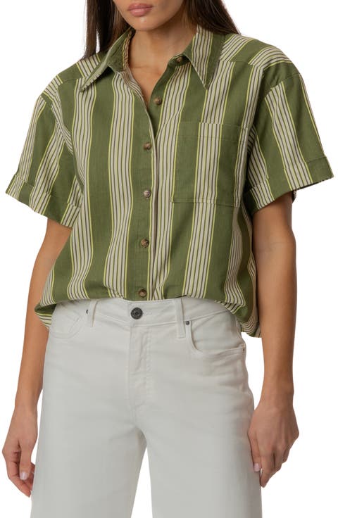 Aida Stretch Cotton Blend Short Sleeve Button-Up Top